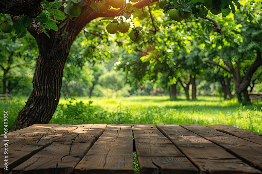 Poster a wooden table with a view of a lush green field and a tree. the table is empty and the view is sere