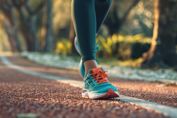 Woman in athletic wear jogging on a vibrant, sunlit path with lush greenery in the background.