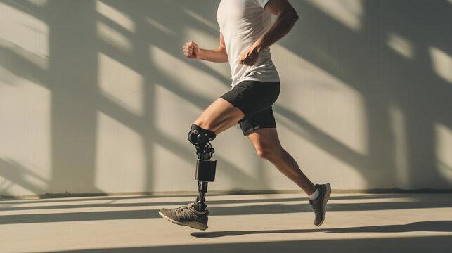 Man running outdoors with a prosthetic leg. Paralympic athlete training with a prosthetic leg - Powered by Adobe
