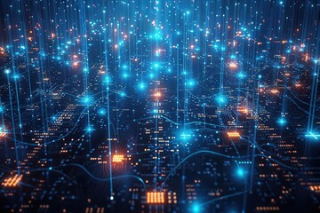 Obraz premium futuristic data center visualization with glowing fiber optic connections forming a complex 3d network in deep space