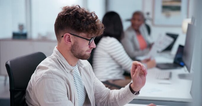 Office, thinking and man with computer at desk for information technology, system and solution. Programming, business and developer with tech at work for backend development, testing or server review