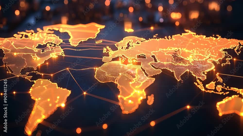 Poster world map showing global technology connections and network links
