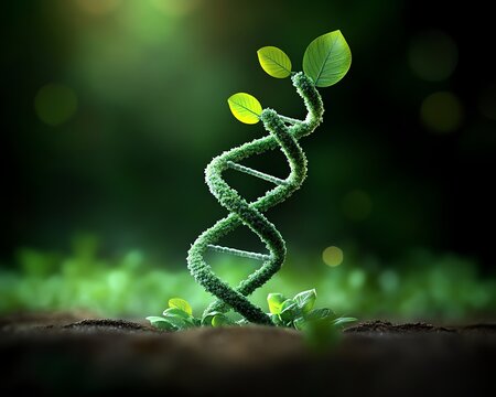 Visualization of human DNA helix gradually transforming into plant DNA helix, symbolizing genetic transformation and synergy, DNA Transformation