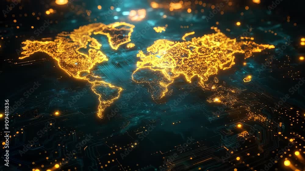 Aufkleber world map showing global technology connections and network links