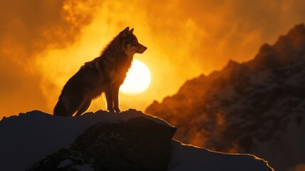 Wolf Silhouette at Sunset in the Mountains