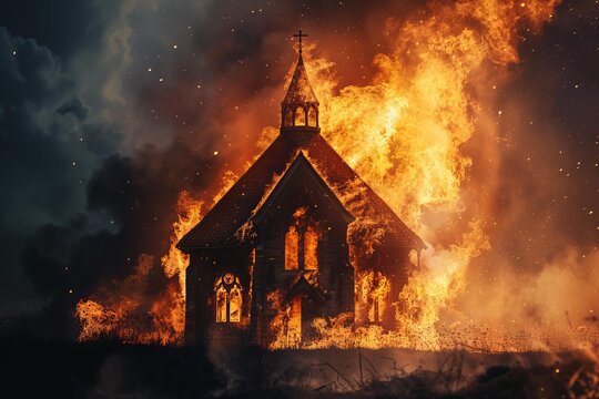 Church burning intensely at night with an ominous sky in the background