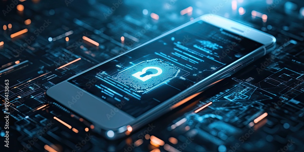 Poster view of modern smartphone with white futuristic data protection interface with transparent padlock a