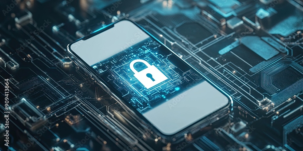 Poster view of modern smartphone with white futuristic data protection interface with transparent padlock a