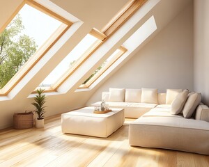 Bright and airy attic living room with large skylights, minimalist furniture, and natural wooden flooring basking in sunlight.