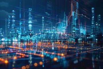 Futuristic cityscape merging with industrial plants and illuminated by financial charts, symbolizing economic growth and technological advancement