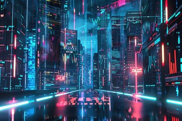 futuristic stock market data visualization holographic displays neon graphs hightech financial district backdrop