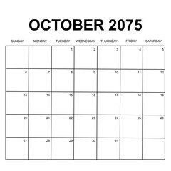 october 2075. monthly calendar design. week starts on sunday. printable, simple, and clean vector design isolated on white background.