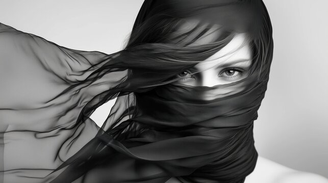 Captivating Black and White Portrait of Woman with Flowing Black Veil Covering Face and One Eye Revealed in Mysterious Minimalistic Style