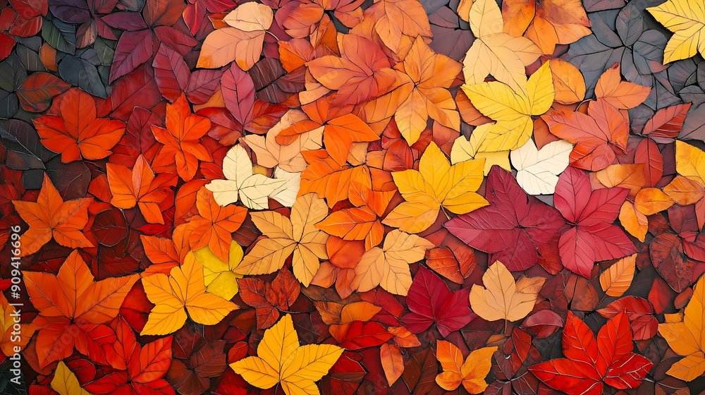 Poster mosaic of autumn leaves in various shades and shapes creating an abstract background with a rich col