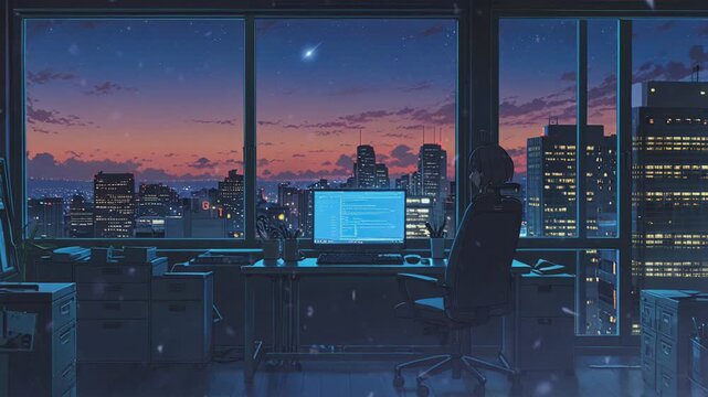 Person sitting in a chair looking at a cityscape at night.