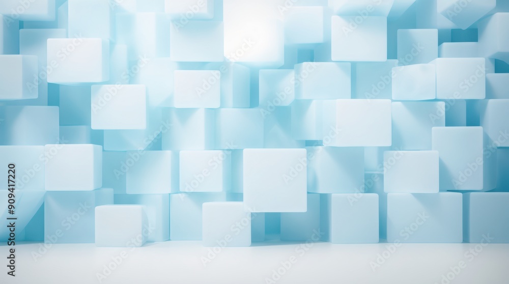 Poster an abstract rendering of many light blue floating cubes against a sky-blue background