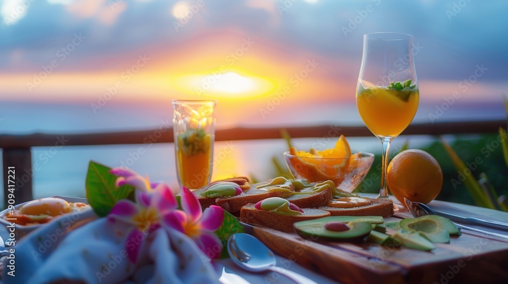 Wall mural luxury meal on table with sea with beautiful sunset