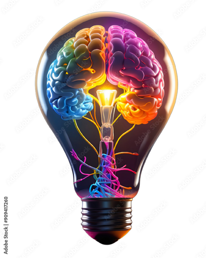 Poster brain inside light bulb with colorful veins and lines. suitable for creative thinking concepts, inno