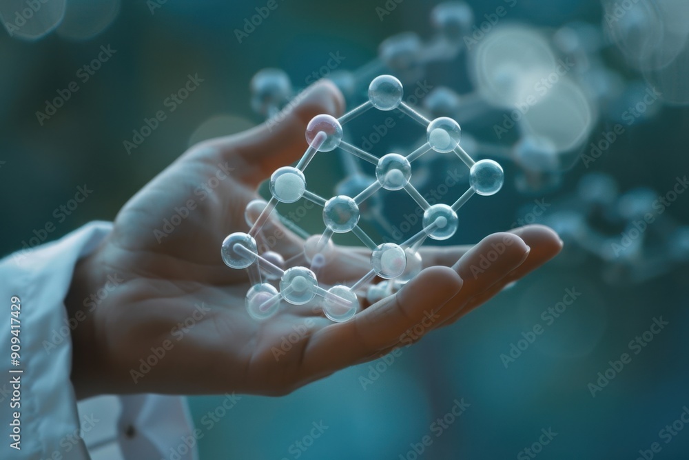 Aufkleber a scientist holding a molecular structure model with a blurred background, emphasizing innovation in