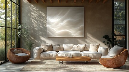 Minimalist Living Room with White Sofa, Wicker Chairs, and Abstract Artwork