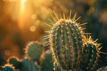 Large cactus is illuminated by the setting sun in the desert