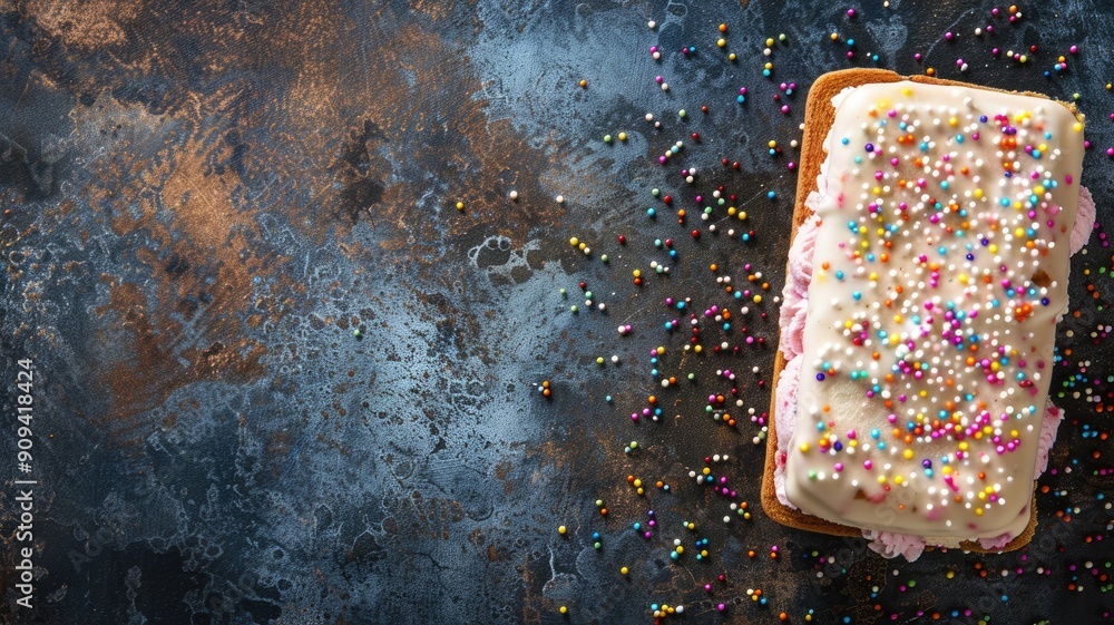 Poster rectangular frosted cake with colorful sprinkles on textured surface