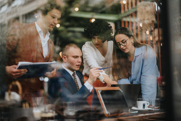 Business meeting of four colleagues analyzing reports, brainstorming strategies and discussing revenue growth at a modern cafe using laptops and documents.