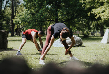 A man and woman engage in stretching exercises in a lush green park, getting ready for their fitness routine under clear skies.