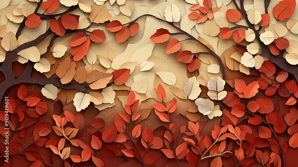 Poster paper cutout style background of trees with red and brown leaves autumn abstract background