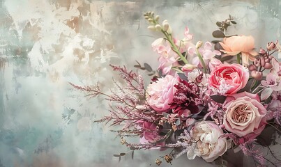 Bouquet of colorful flowers on a wooden background with copy space