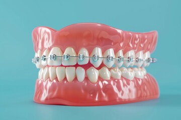 Obraz premium Bracing for change: orthodontic bracket or brace, dental treatment concept that corrects dental imperfections, promotes oral health, achieves straighter, healthier smile expert orthodontic care