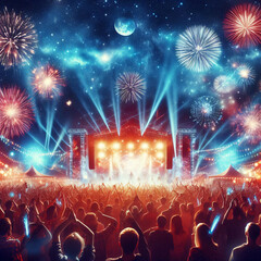 Vibrant concert scene with fireworks and a cheering crowd under a night sky
