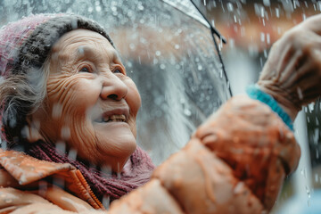 elderly woman, in rainstorm with transparent umbrella enjoy the rain with smile