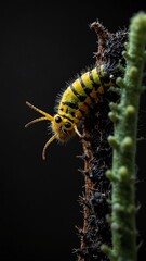 Naklejka premium caterpillar on plain black background with copy space backdrop portrait