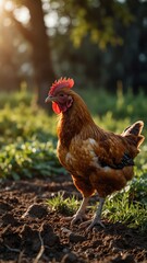 Fototapeta premium chicken on nature scene background with copy space backdrop portrait