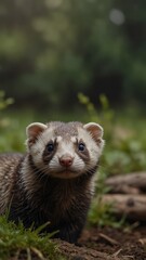Fototapeta premium ferret on nature scene background with copy space backdrop portrait