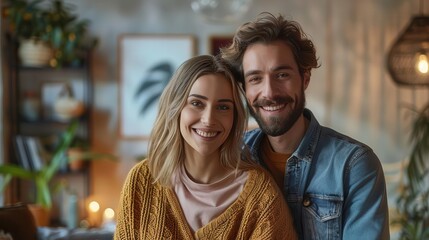 Young couple creating a new home, decorating together, selective focus, industrial chic, realistic, manipulation, urban apartment backdrop