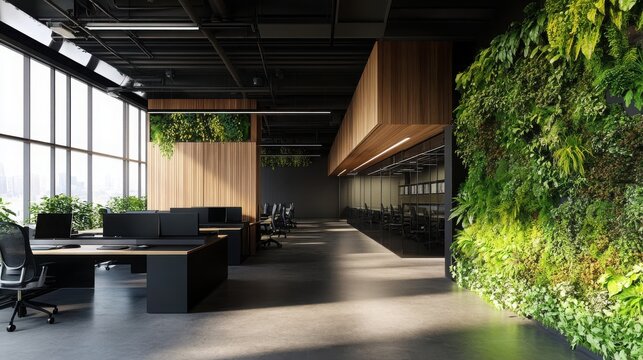 A large office space with a green wall and a few potted plants