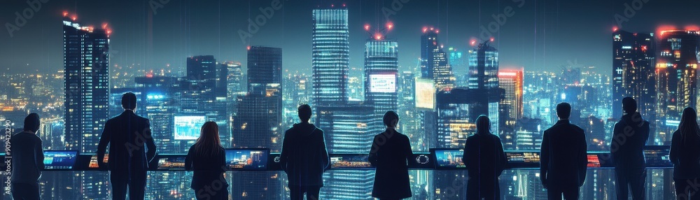 Poster citizens using smart city interfaces in futuristic setting