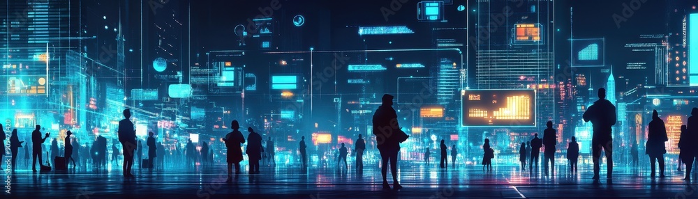 Poster citizens using smart city interfaces in futuristic setting