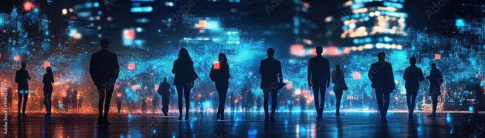 Poster citizens using smart city interfaces in futuristic setting