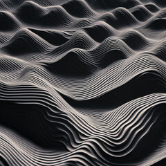 Abstract black dark background with white lines, creating a wave pattern on the surface of mountains, 3D rendering, high resolution | Variant 2