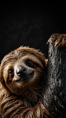 Naklejka premium sloth on plain black background with copy space backdrop portrait