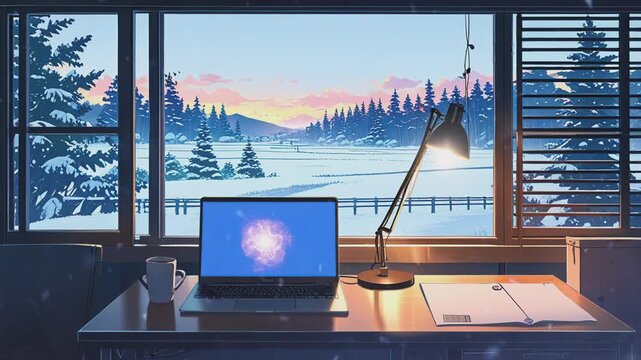Cozy desk with a laptop and a cup of coffee facing a snowy winter landscape.