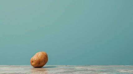 Single potato on wooden surface against blue background