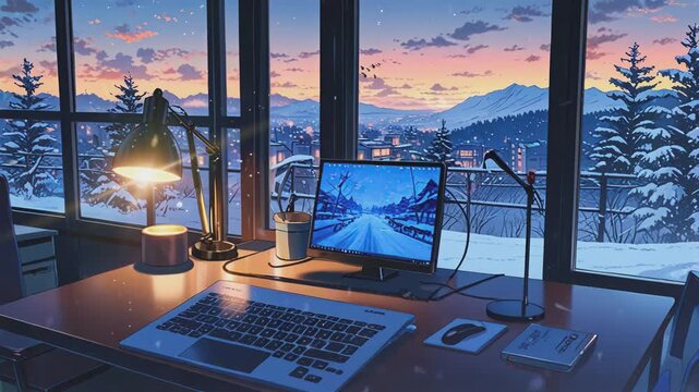 A cozy workspace with a stunning winter sunset view.