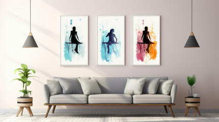 Modern living room with three abstract paintings and a sofa