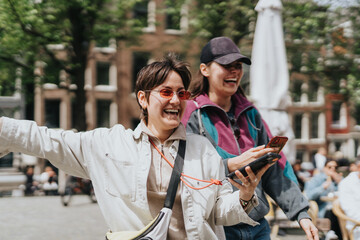 Two friends having a great time while touring the streets of Amsterdam. They are enjoying a beautiful day together in the city.