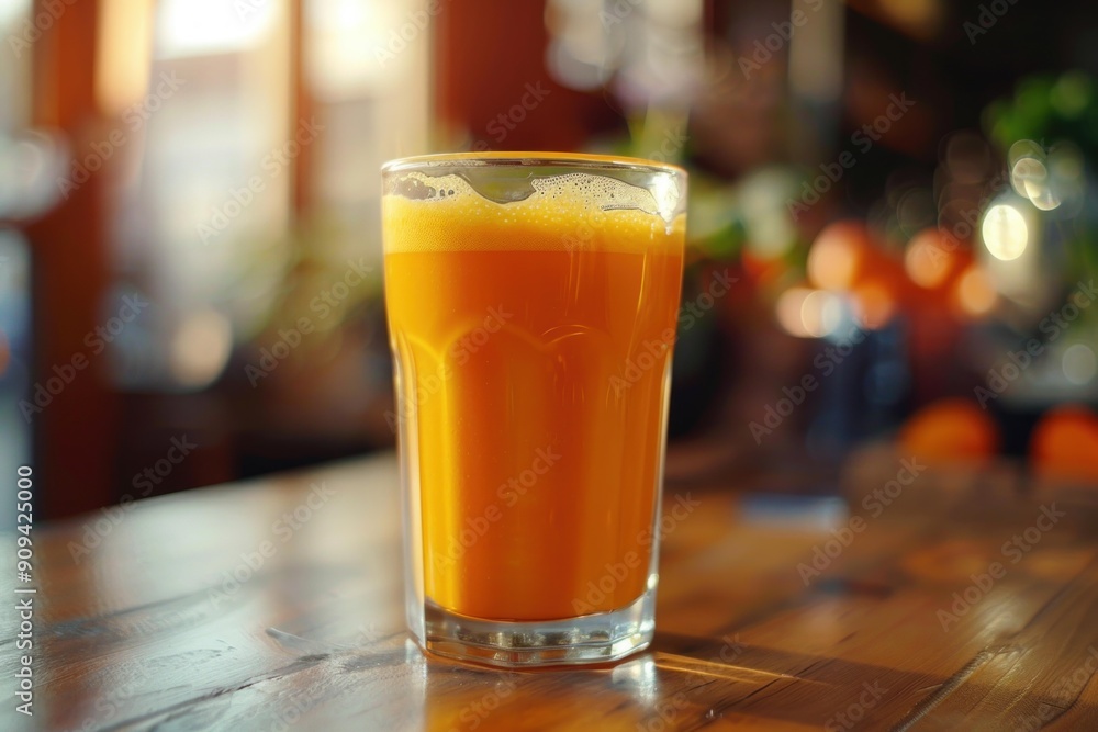 Sticker glass of freshly squeezed orange juice is sitting on a table in a cafe