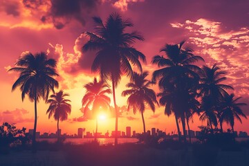 Fototapeta premium skyline of miami with palm trees on sunset, florida